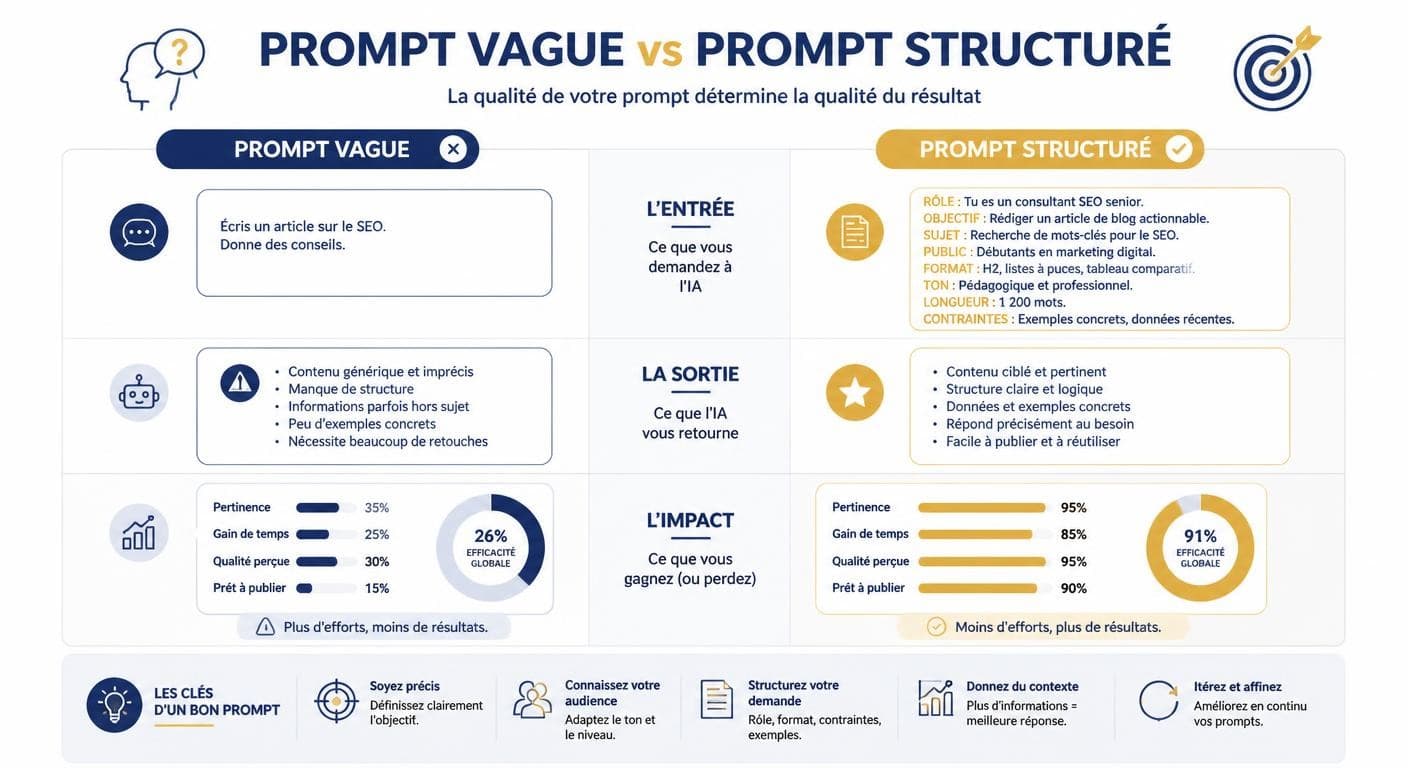 Infographie comparant un prompt vague et un prompt structuré et la qualité des réponses obtenues