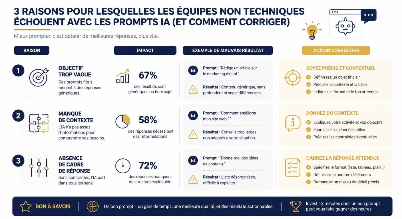 Infographie des trois causes d'échec des équipes non techniques avec l'IA et leurs correctifs
