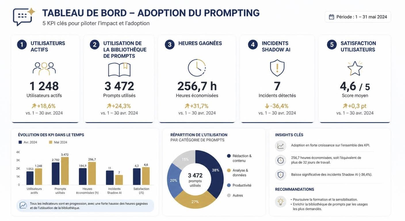 Infographie des cinq KPI d'adoption et de ROI du prompt engineering en entreprise