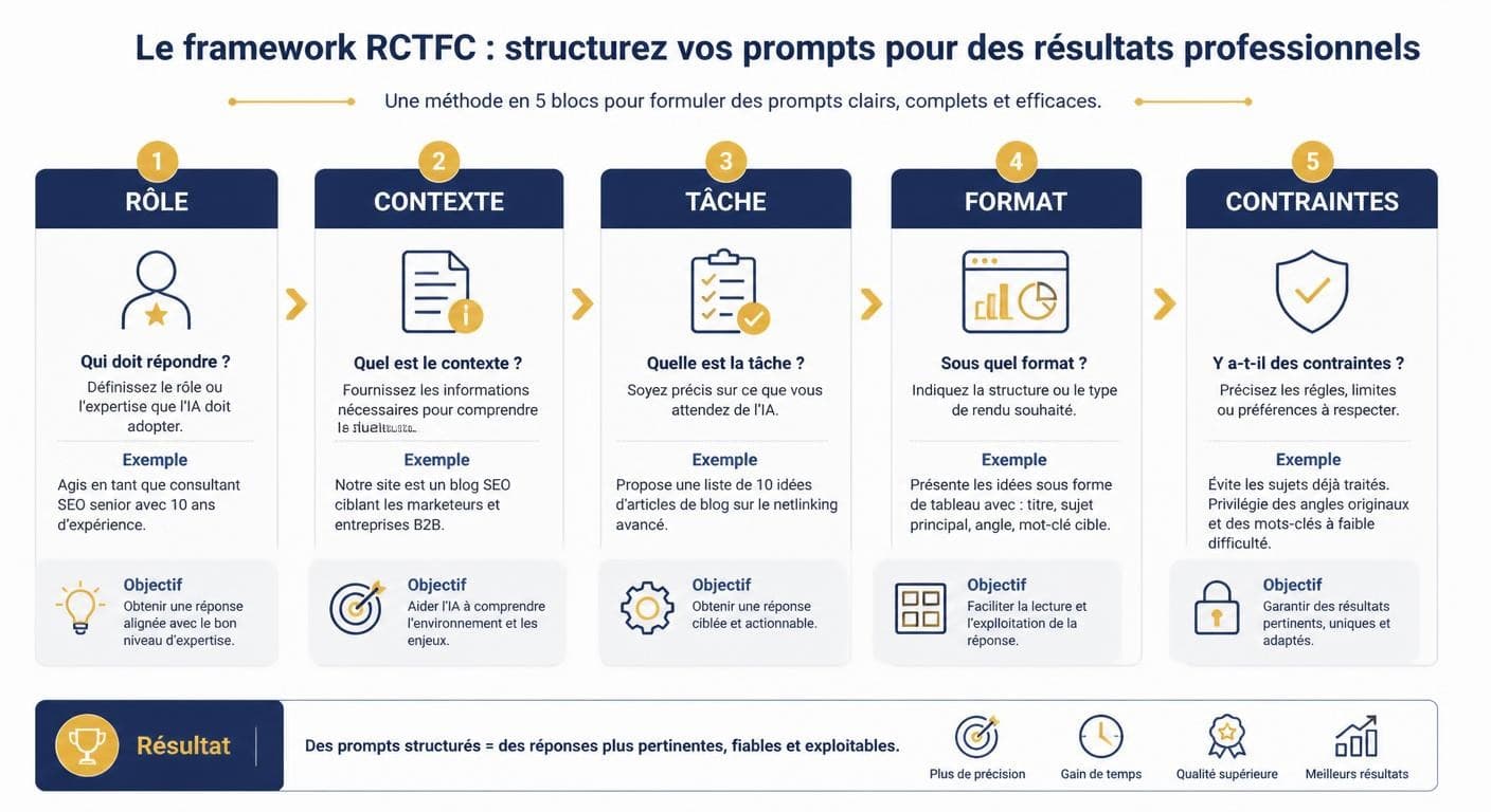 Infographie décomposant le framework RCTFC en cinq blocs Rôle Contexte Tâche Format Contraintes