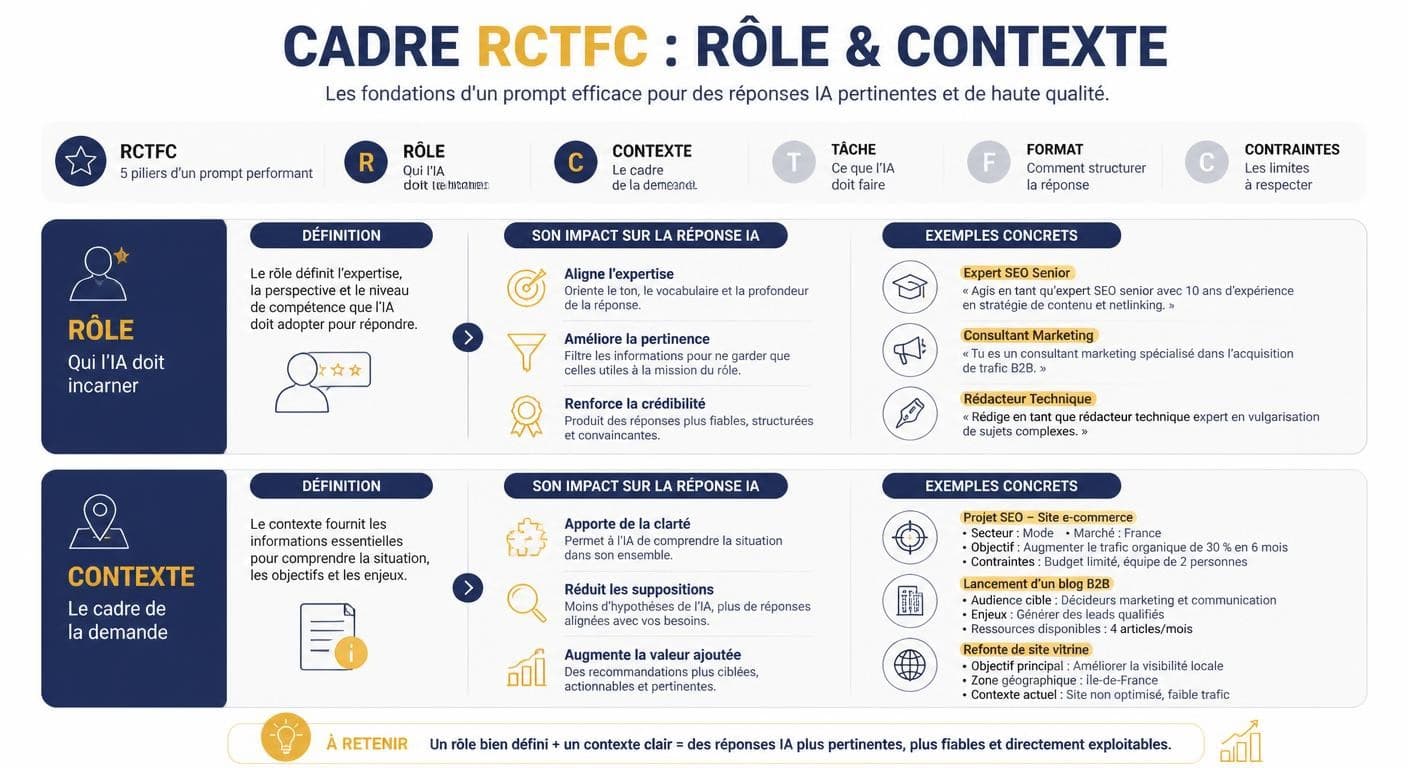 Infographie illustrant les blocs Rôle et Contexte du framework RCTFC et leur impact sur la qualité des réponses de l'IA