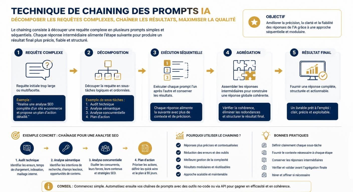 Infographie illustrant le chaînage de prompts et le raisonnement pas à pas pour les équipes opérationnelles