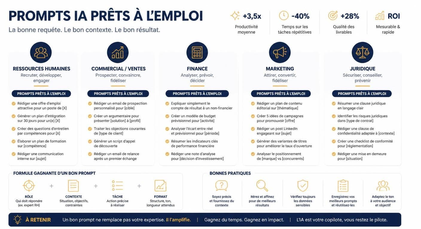 Infographie des exemples de prompts prêts à l'emploi par métier RH ventes finance marketing juridique