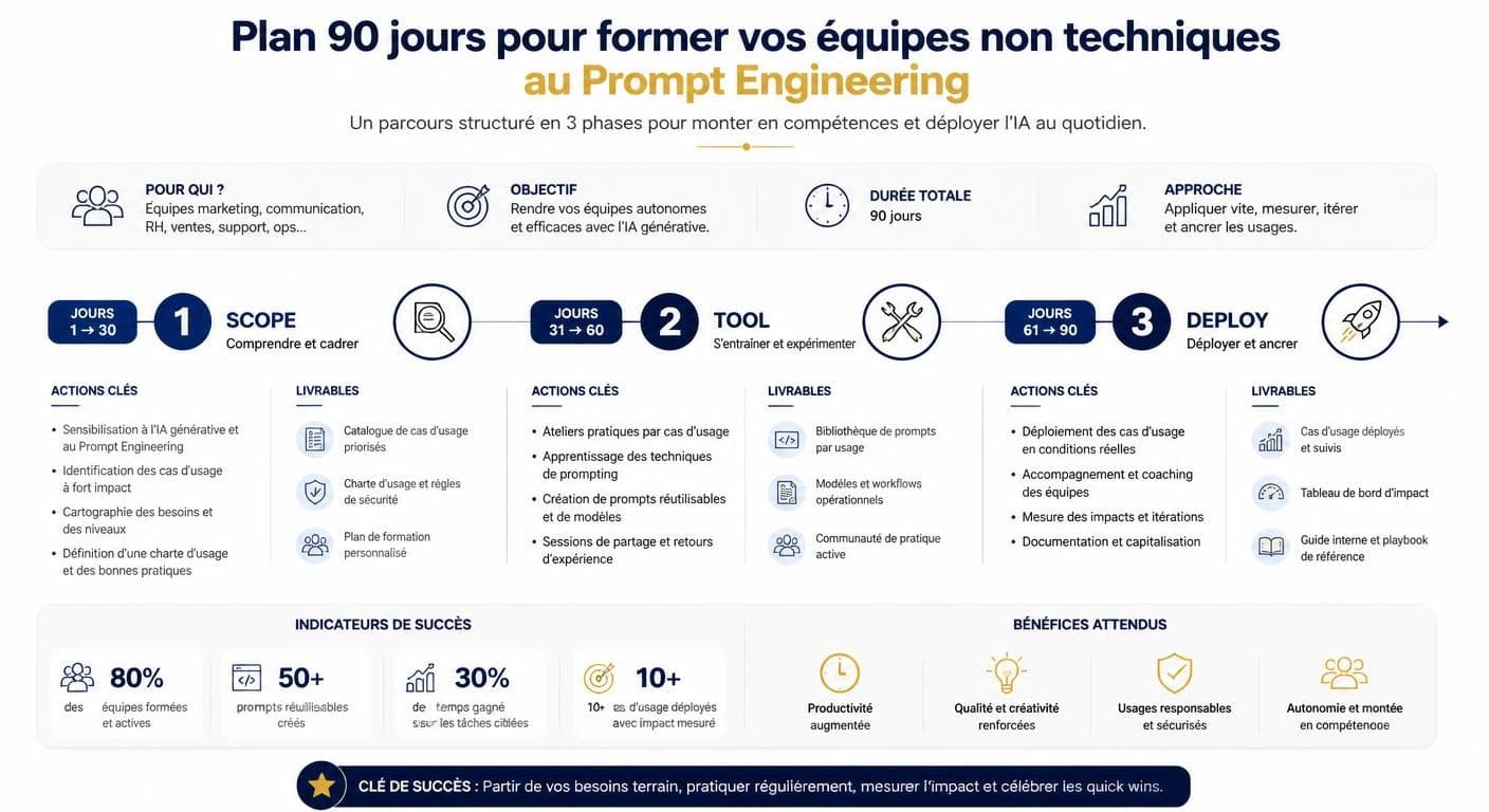 Infographie du plan 90 jours pour former une équipe non technique au prompt engineering