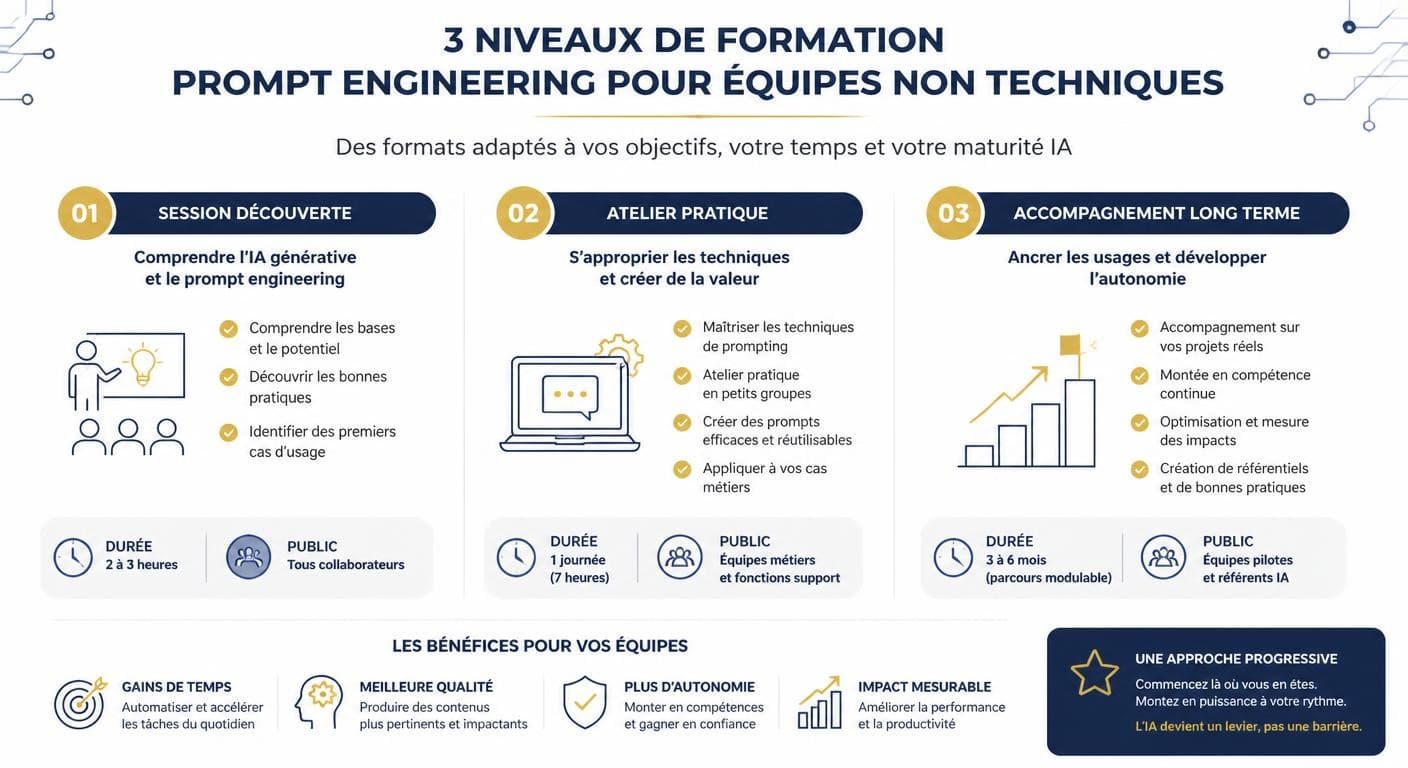 Infographie des trois niveaux de formation au prompt engineering pour équipes non techniques : sensibilisation, atelier pratique et accompagnement long