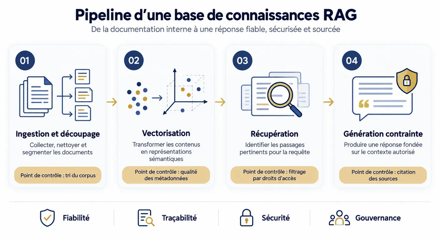 Infographie du pipeline d'une base de connaissance RAG et de ses quatre points de contrôle