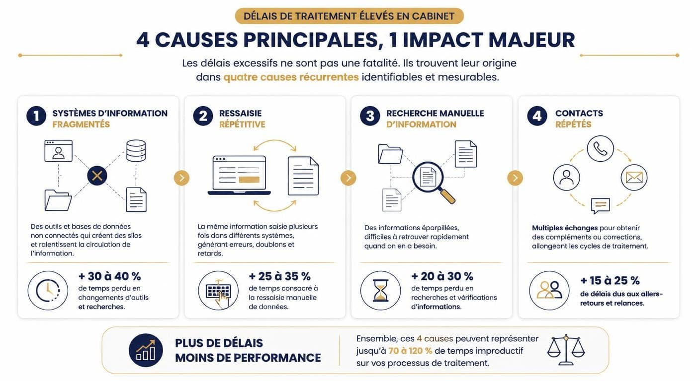 Infographie des quatre causes de délais de traitement élevés en cabinet