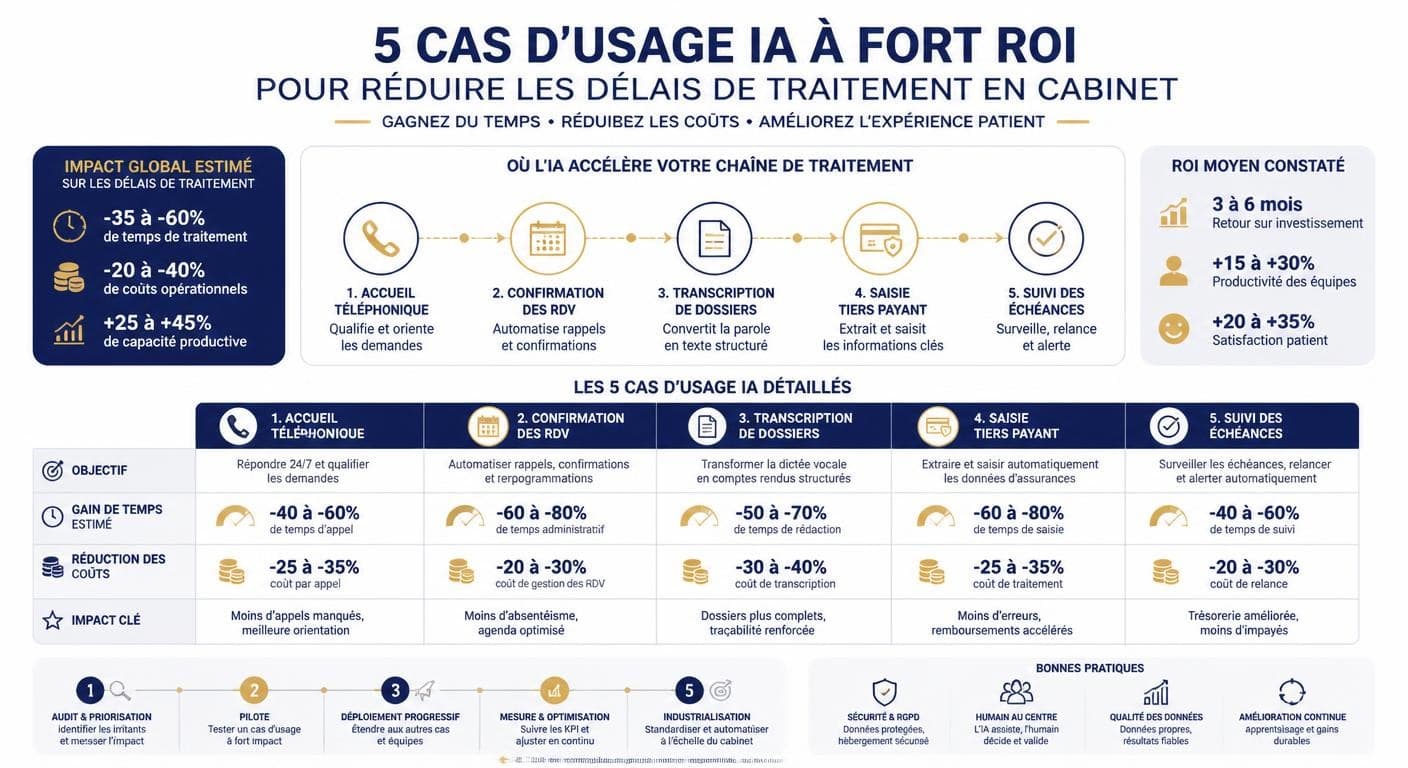 Infographie des cas d'usage IA à fort ROI pour accélérer le traitement des dossiers