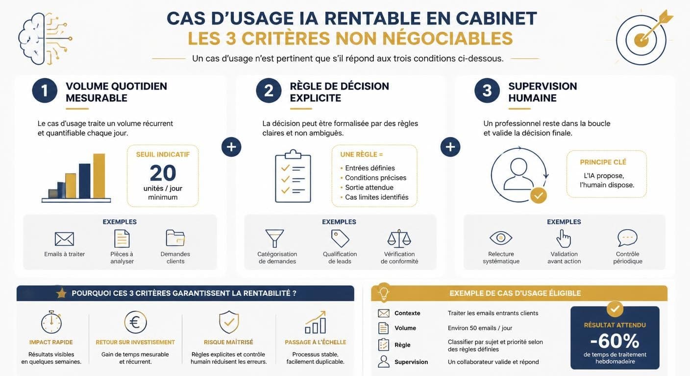 Infographie des trois critères d'un cas d'usage IA rentable
