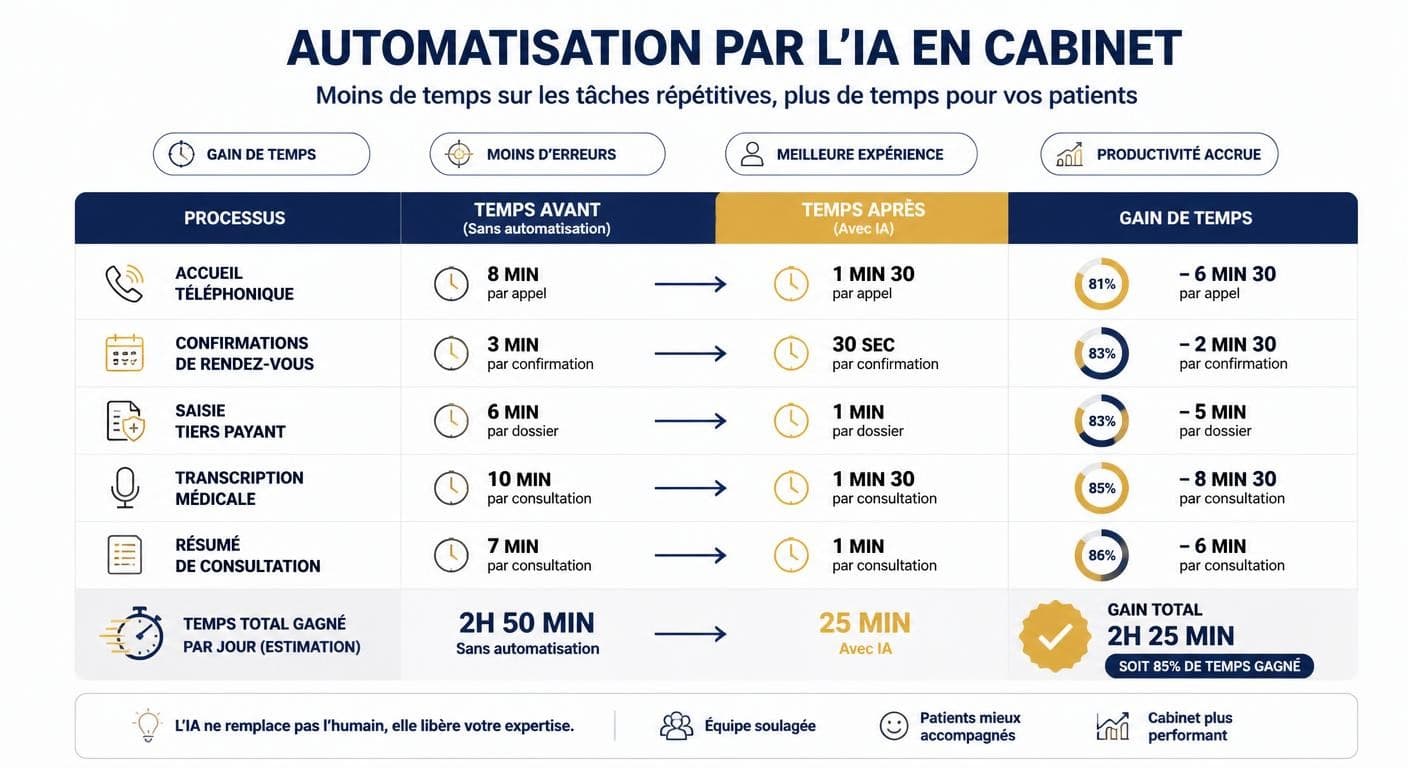 Infographie avant/après du temps récupéré par processus grâce à l'IA