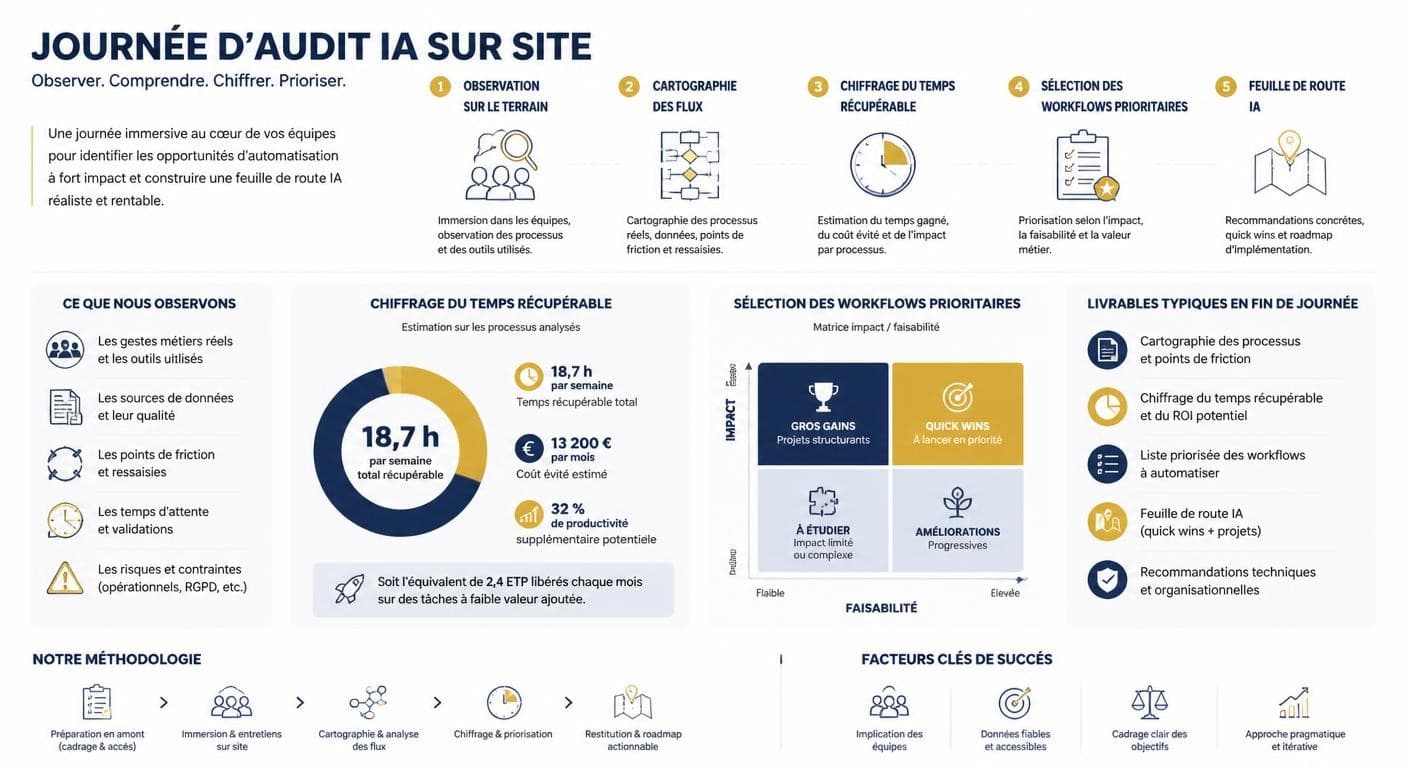 Infographie de la journée d'audit IA sur site en cabinet