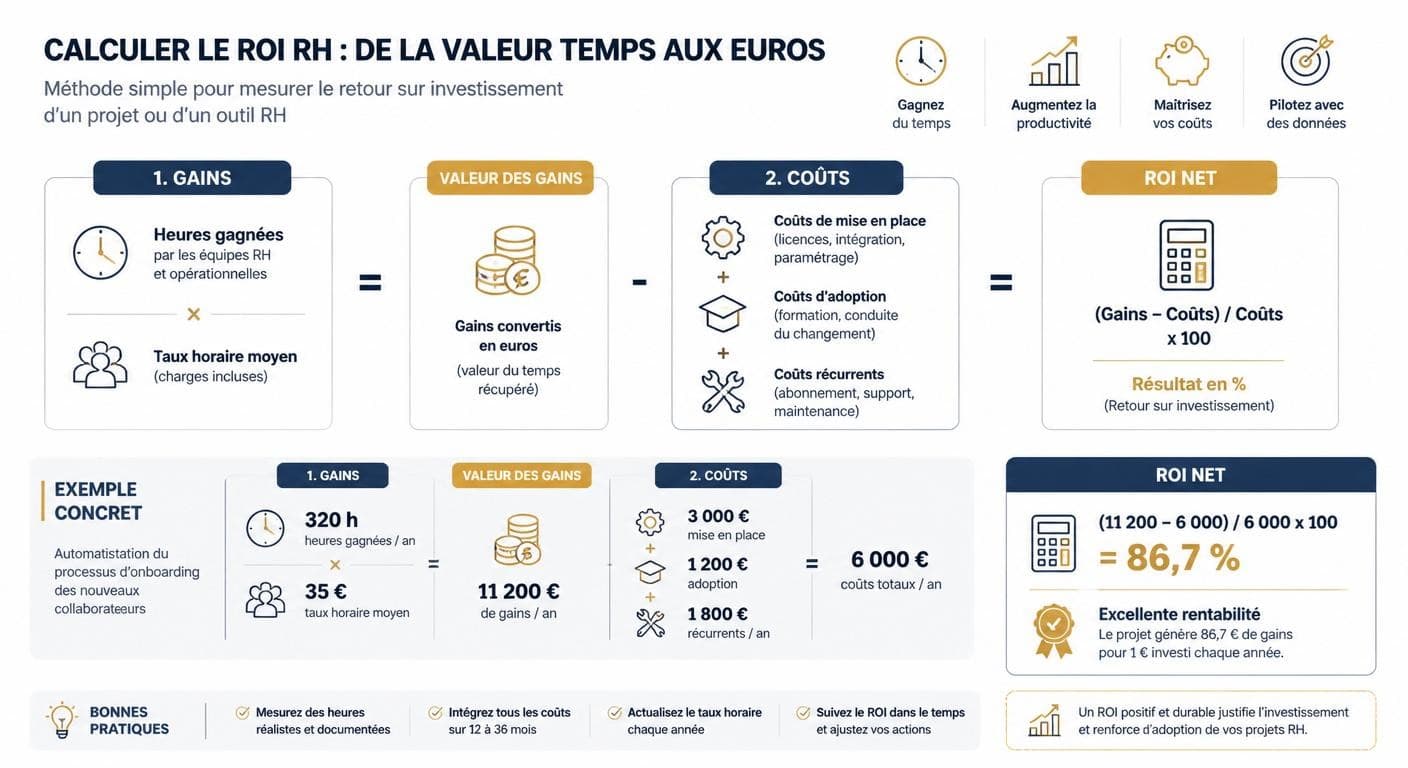 Décomposition gains/coûts de la formule de ROI RH, des heures aux euros
