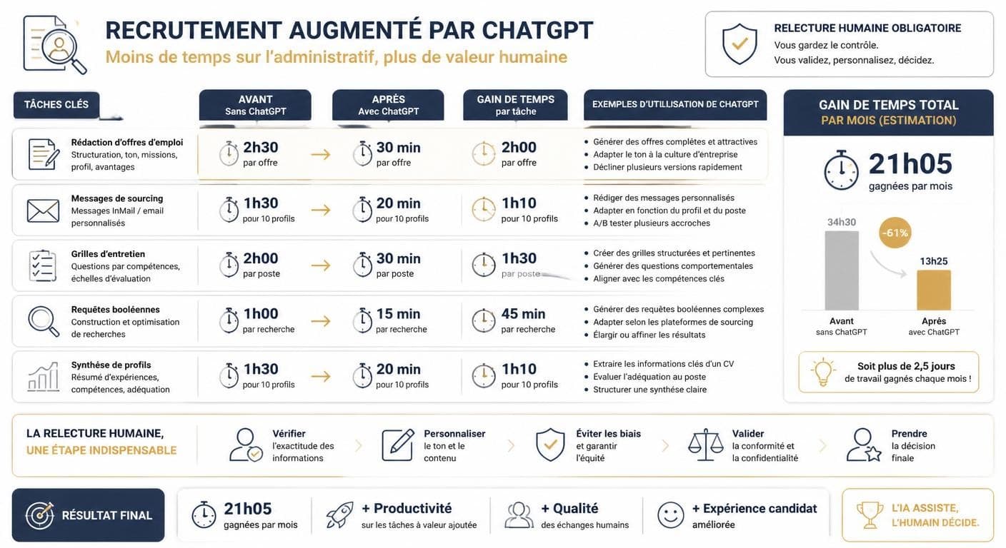 Gain de temps avant/après de ChatGPT sur les tâches de recrutement et de sourcing