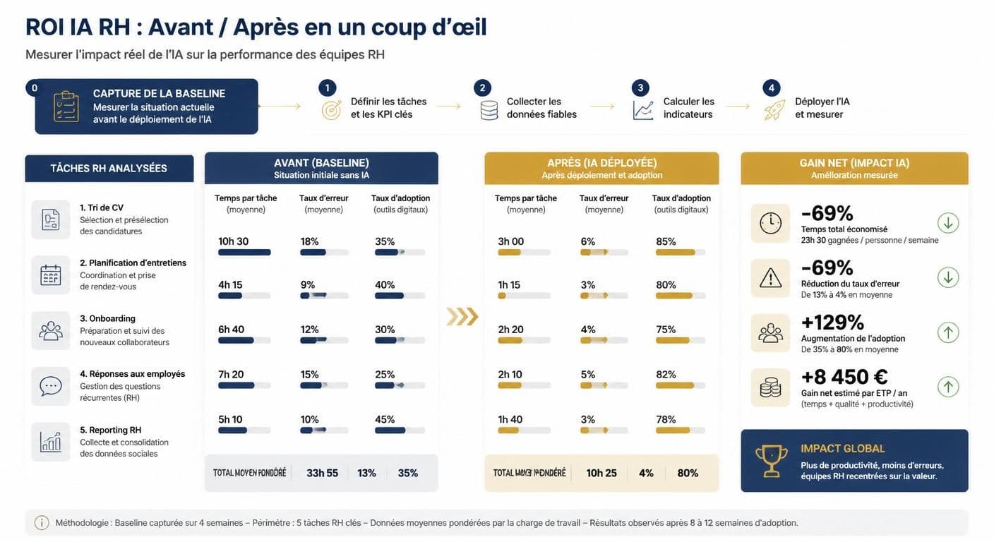 Tableau de bord des métriques avant/après du retour sur investissement IA d'une équipe RH