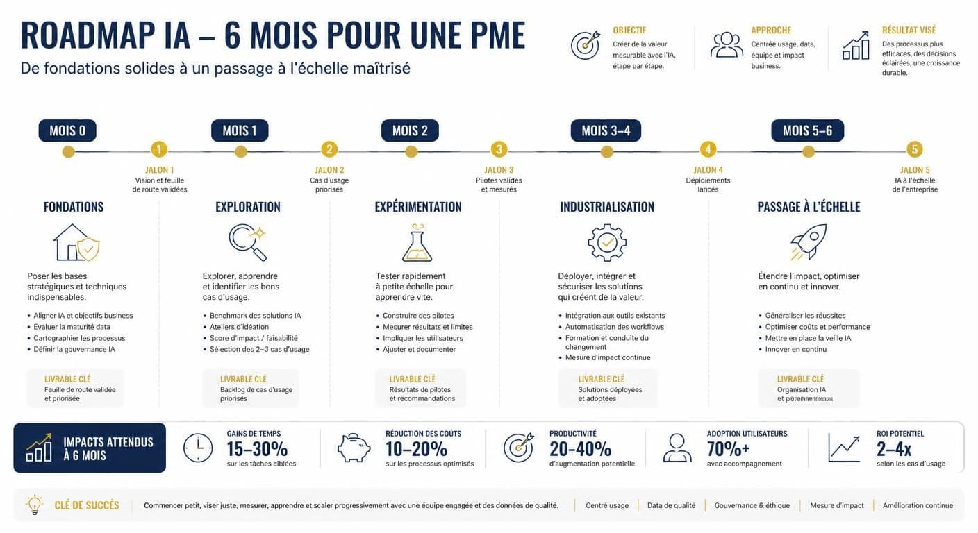 Infographie de la roadmap IA 6 mois pour PME, du mois 0 au mois 6