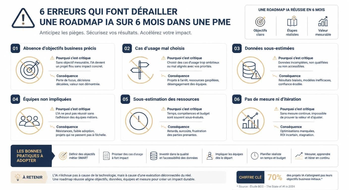 Infographie des erreurs qui font échouer une roadmap IA de 6 mois en PME