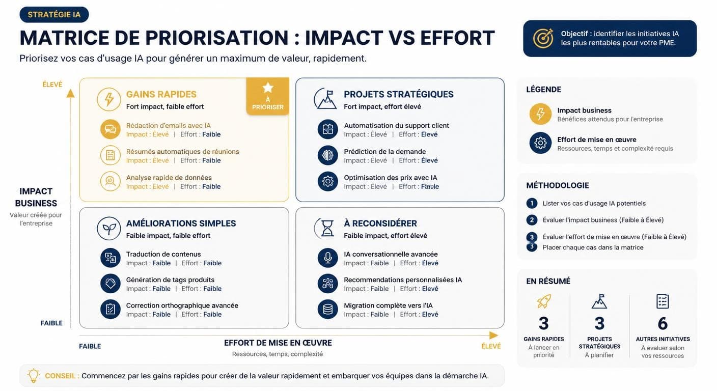 Infographie de la matrice impact-effort de priorisation des cas d'usage IA