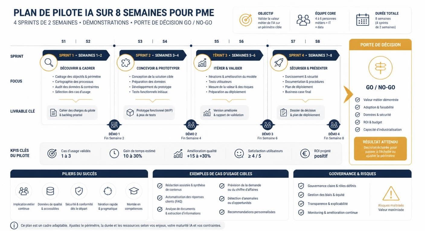 Infographie du plan de pilote IA en 8 semaines avec porte Go/No-Go