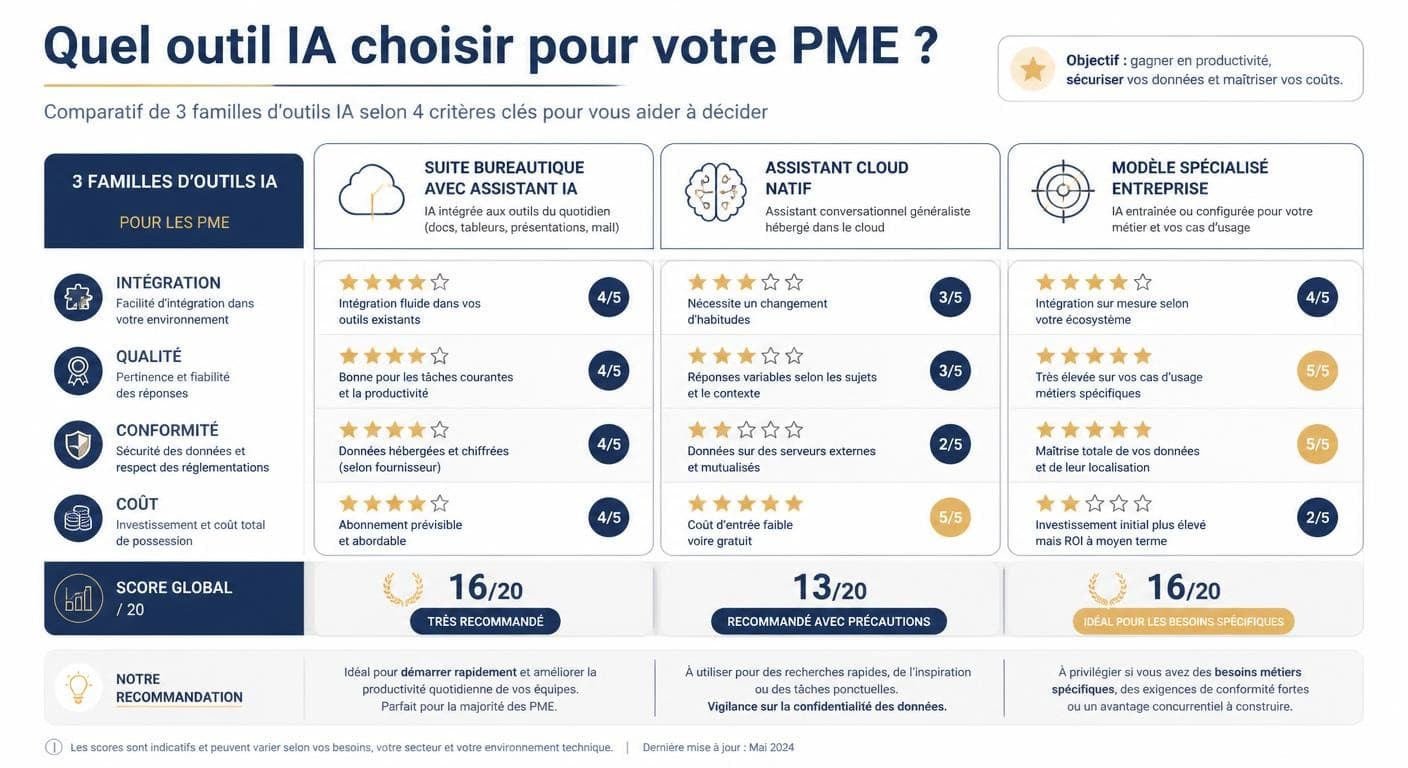 Infographie du comparatif des outils IA pour PME selon l'environnement IT