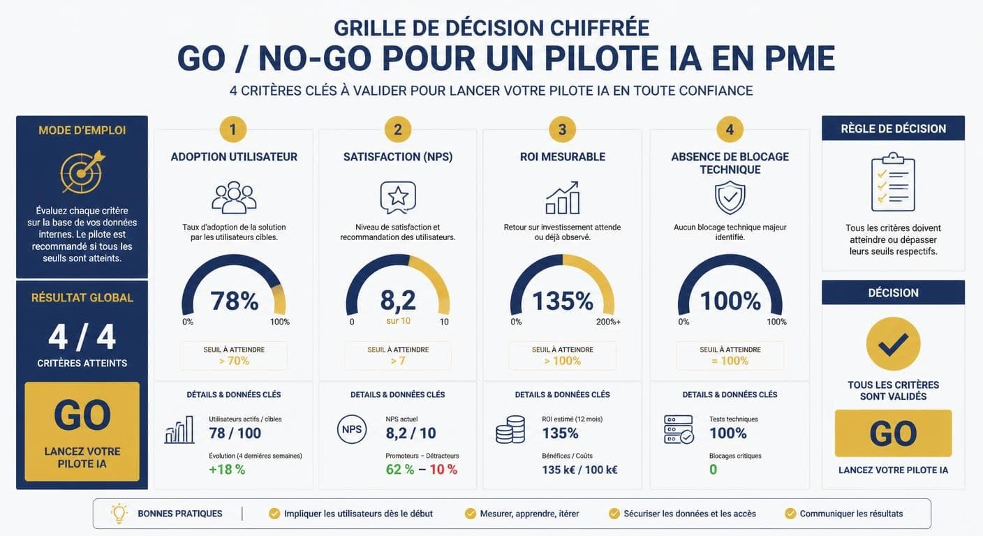 Infographie de la grille Go/No-Go chiffrée pour clôturer un pilote IA en PME