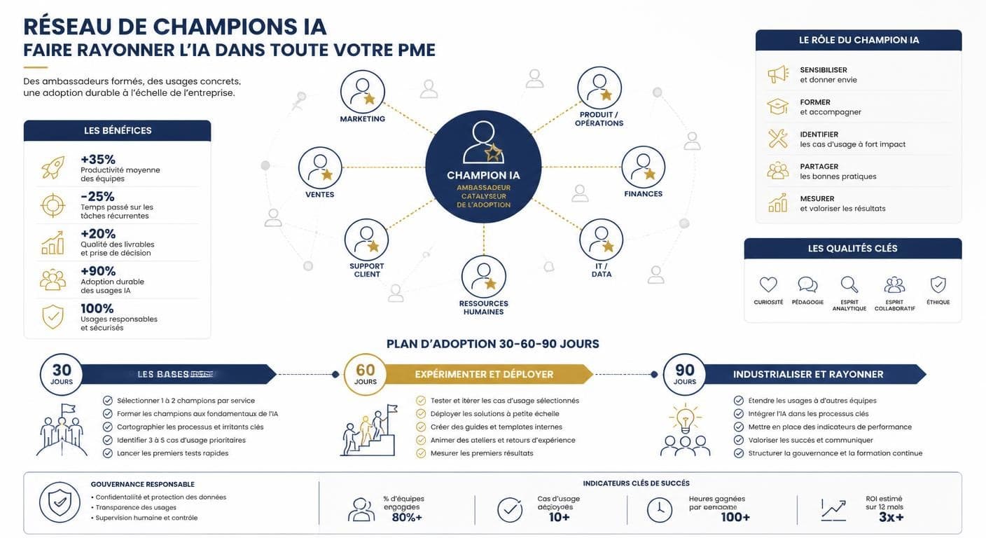 Infographie du réseau de champions IA et du plan 30-60-90 jours