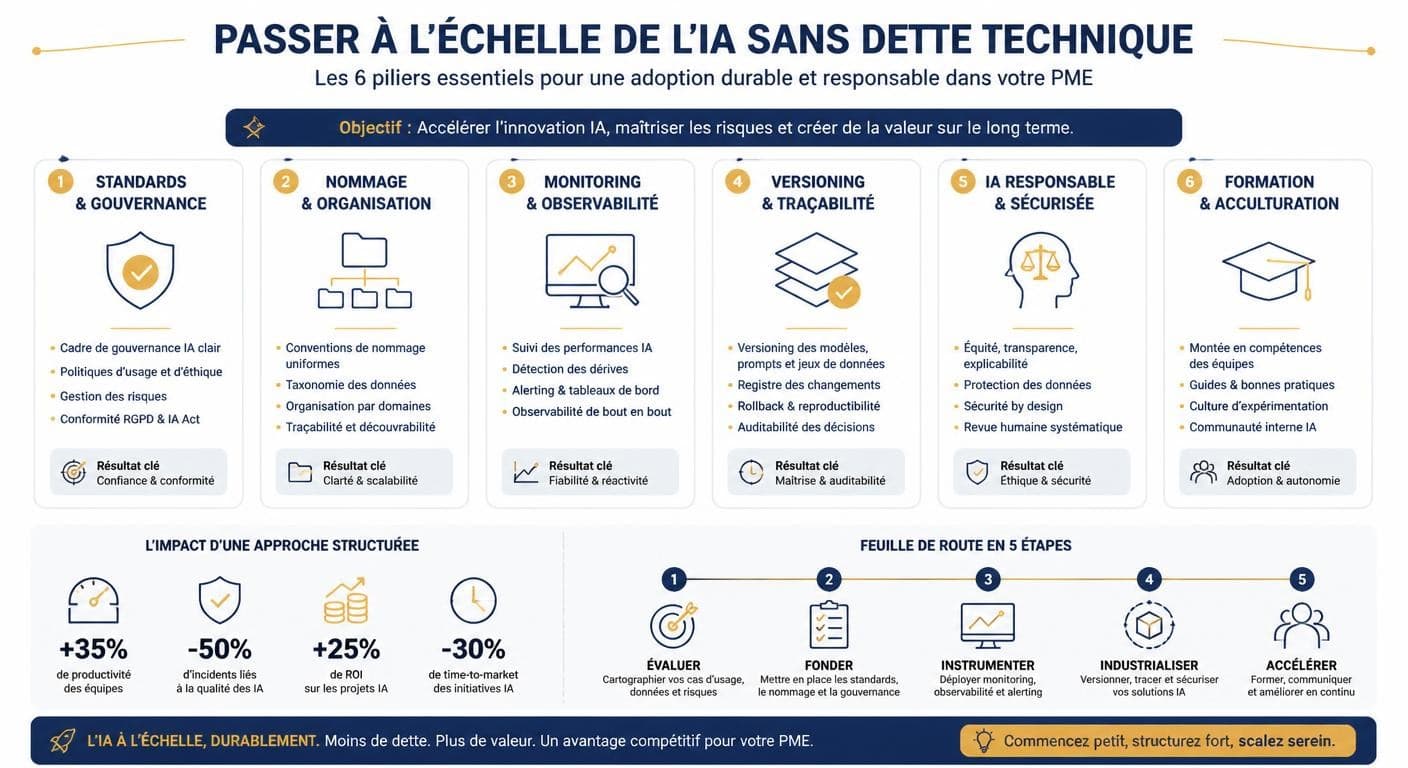 Infographie des piliers du passage à l'échelle IA sans dette technique en PME