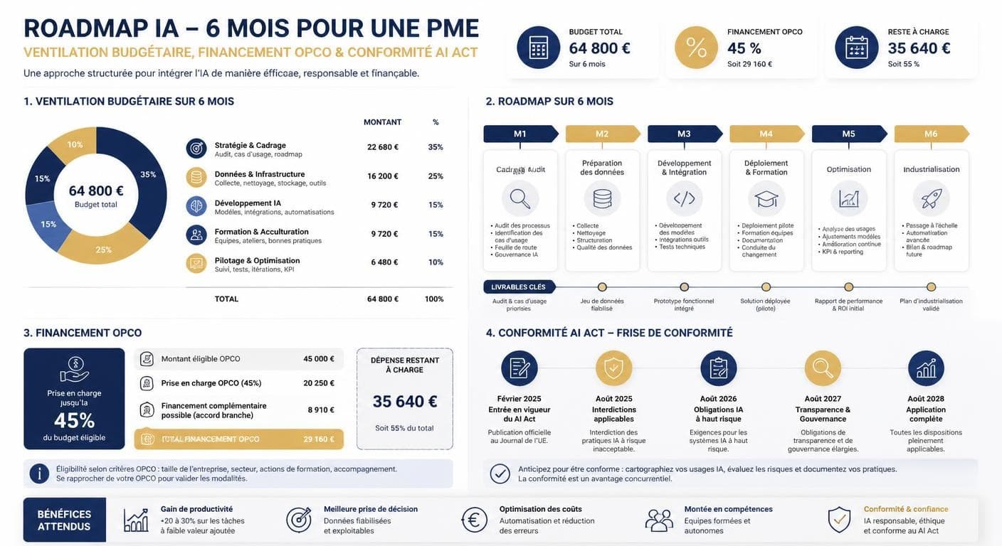 Infographie du budget de la roadmap IA 6 mois, financement OPCO et échéances AI Act