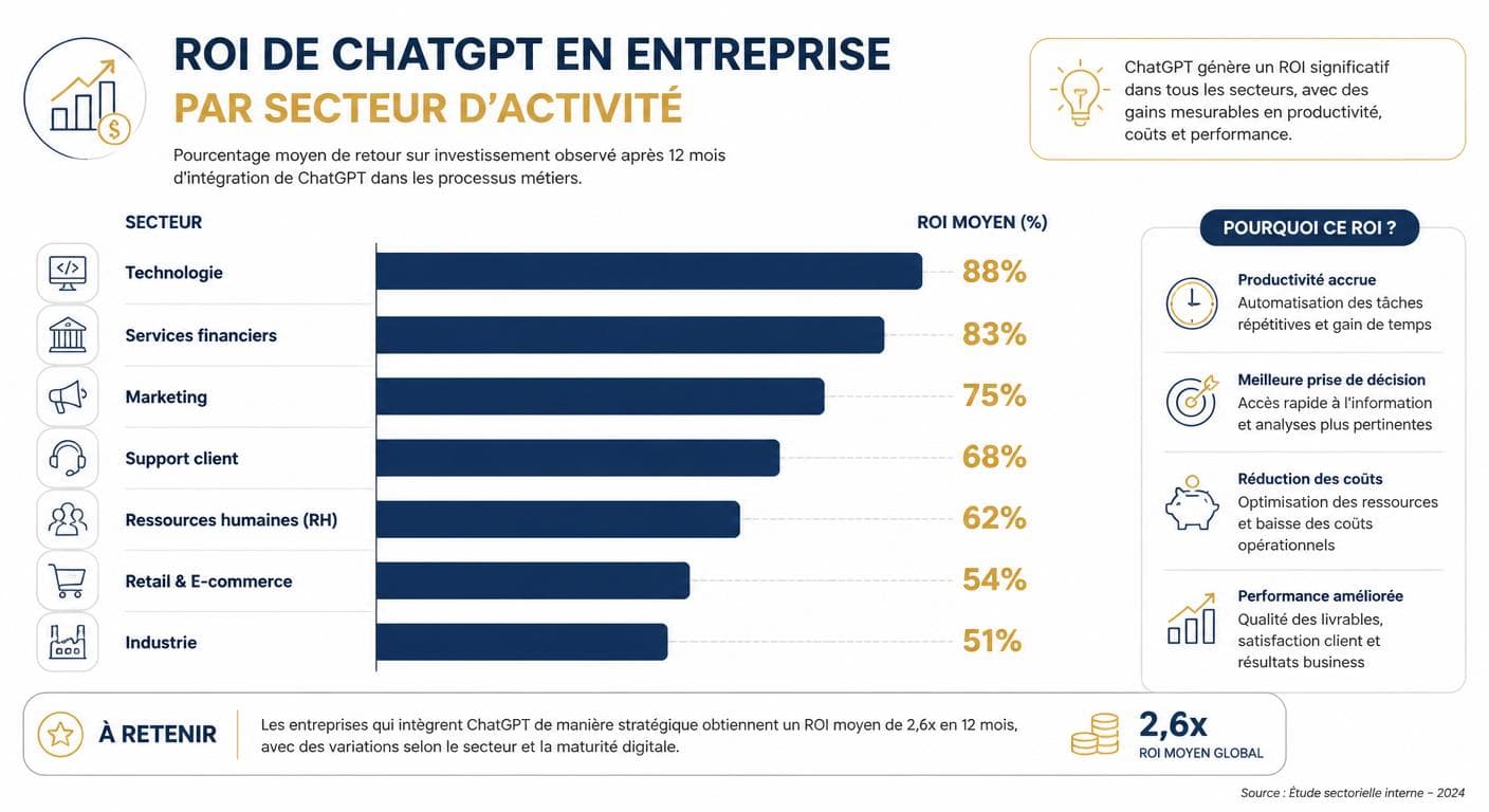 Infographie comparative du ROI ChatGPT entreprise par secteur d'activité en 2026
