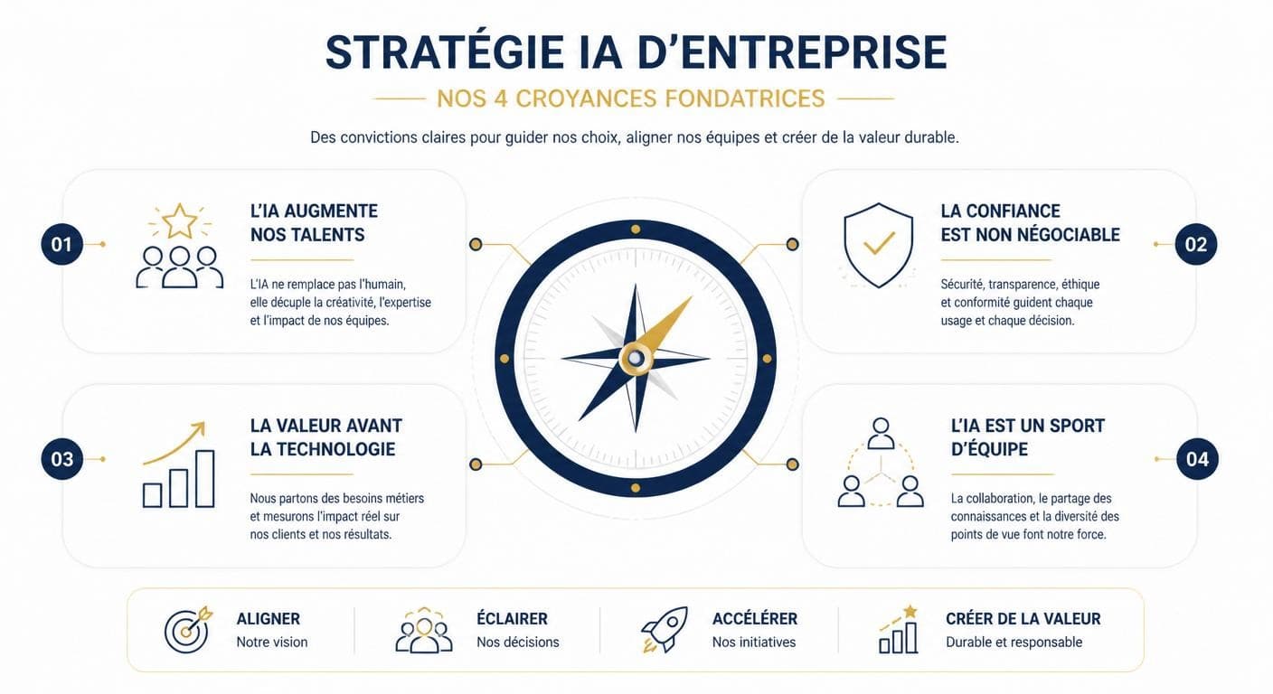 Infographie des quatre convictions fondatrices d'une stratégie IA d'entreprise