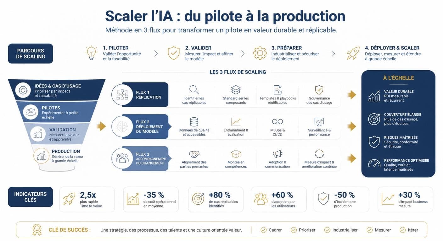 Infographie du passage à l'échelle d'un projet IA, du pilote à l'industrialisation
