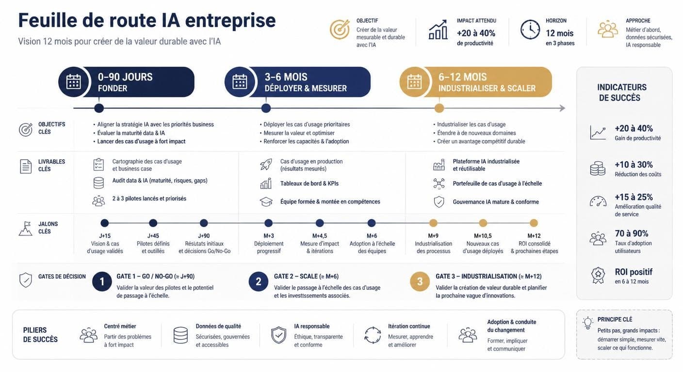 Infographie d'une feuille de route IA sur 90 jours, 6 mois et 12 mois