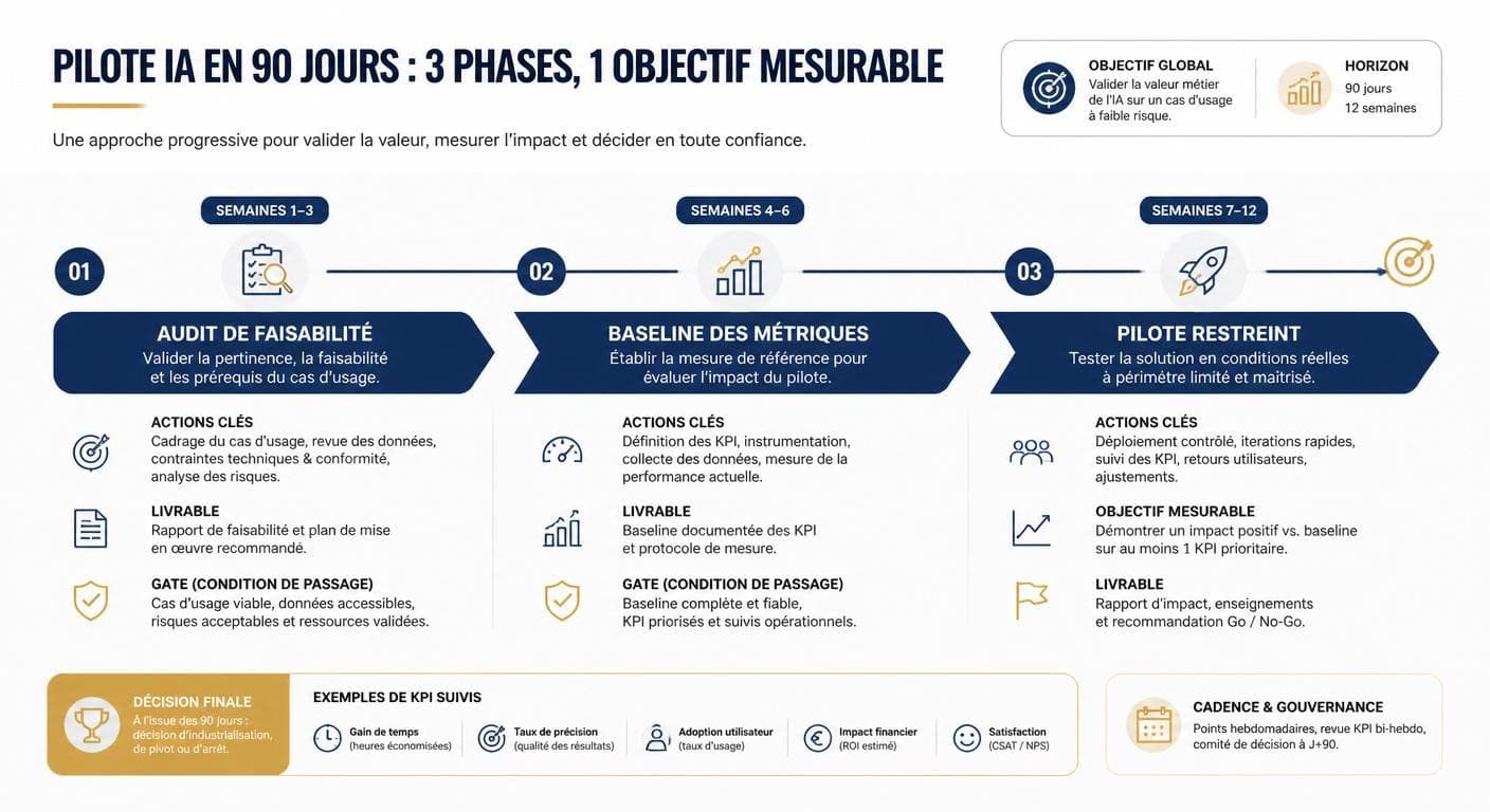 Infographie des trois phases des 90 premiers jours d'un pilote IA avec jalons, livrables et conditions de passage