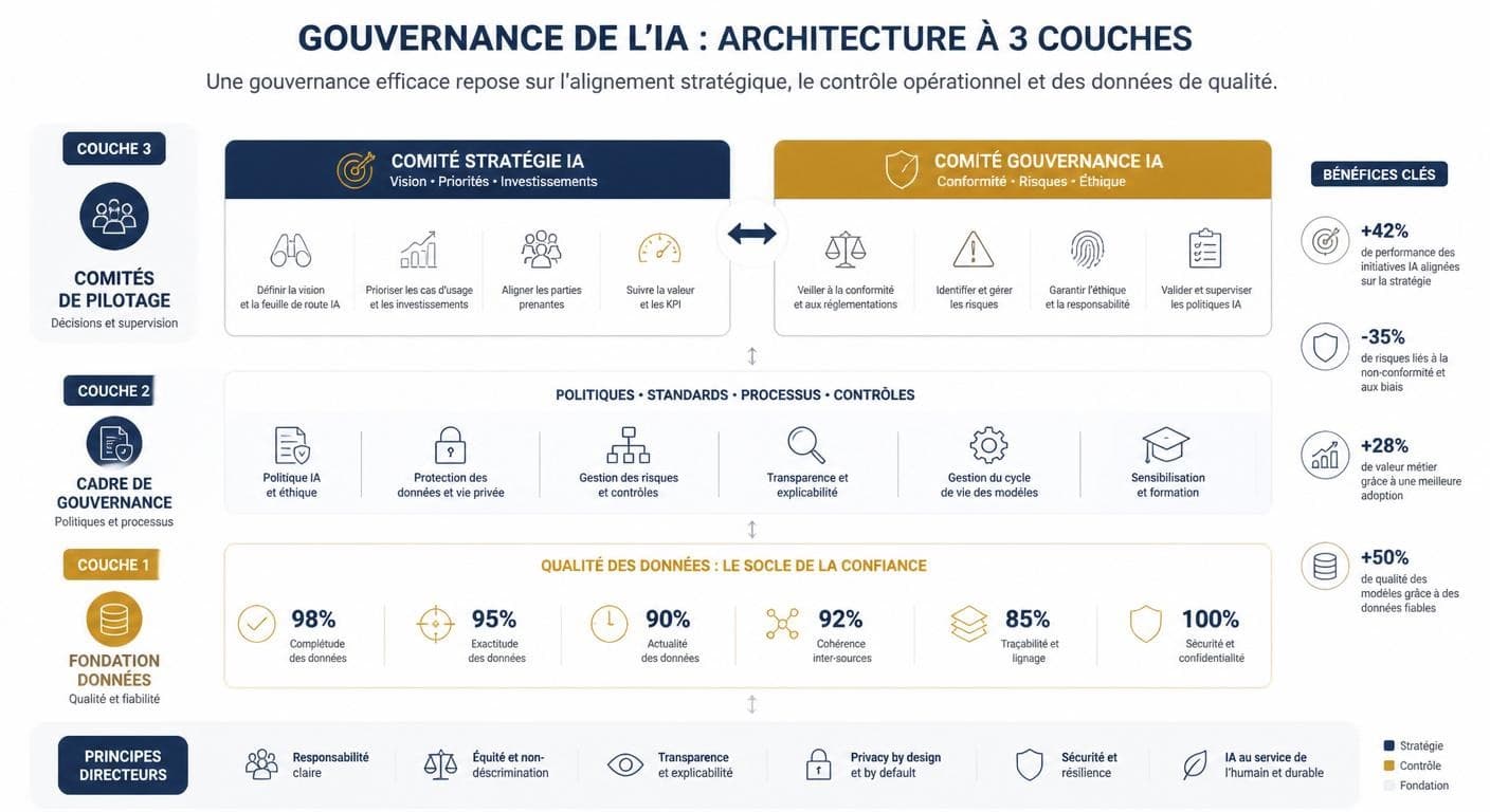 Infographie de la gouvernance IA en deux comités sur un socle de qualité des données