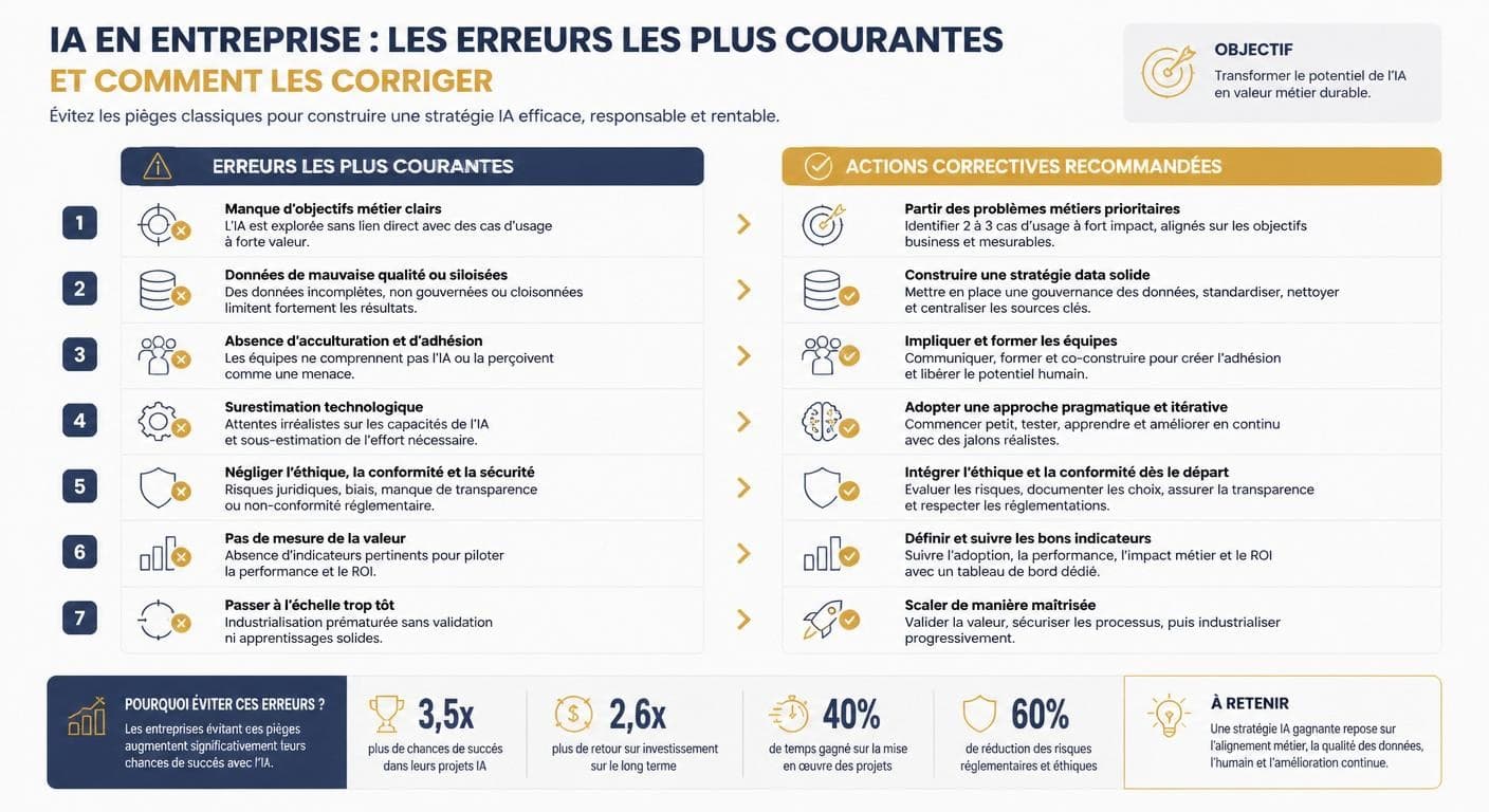 Infographie des erreurs fréquentes d'une stratégie IA et de leurs correctifs