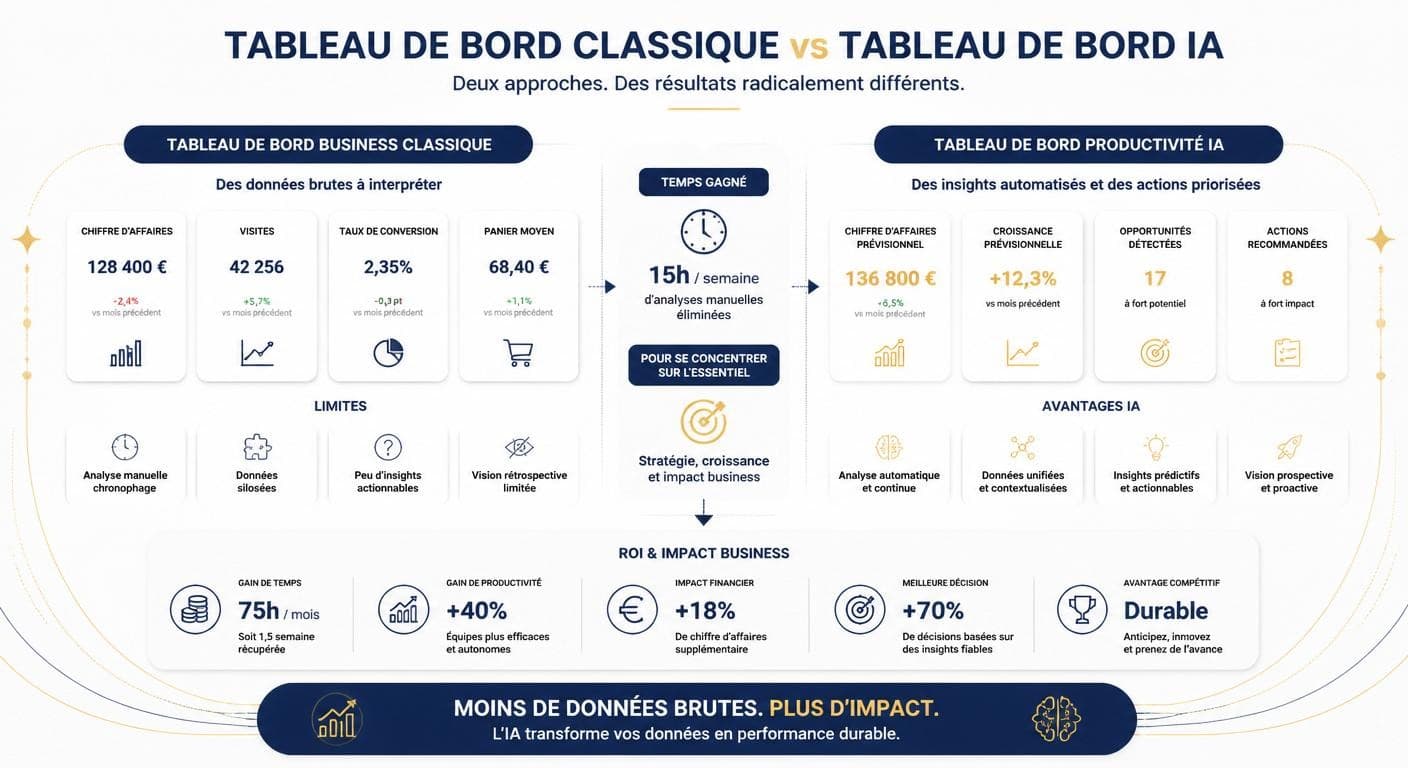 Infographie comparant un tableau de bord classique et un tableau de bord de productivité IA