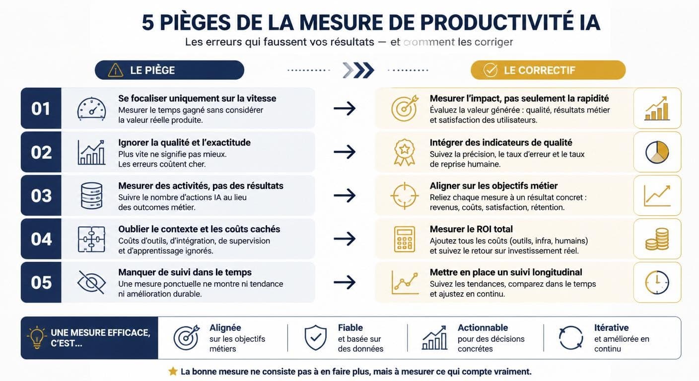 Infographie des cinq pièges de la mesure de productivité IA et leurs correctifs