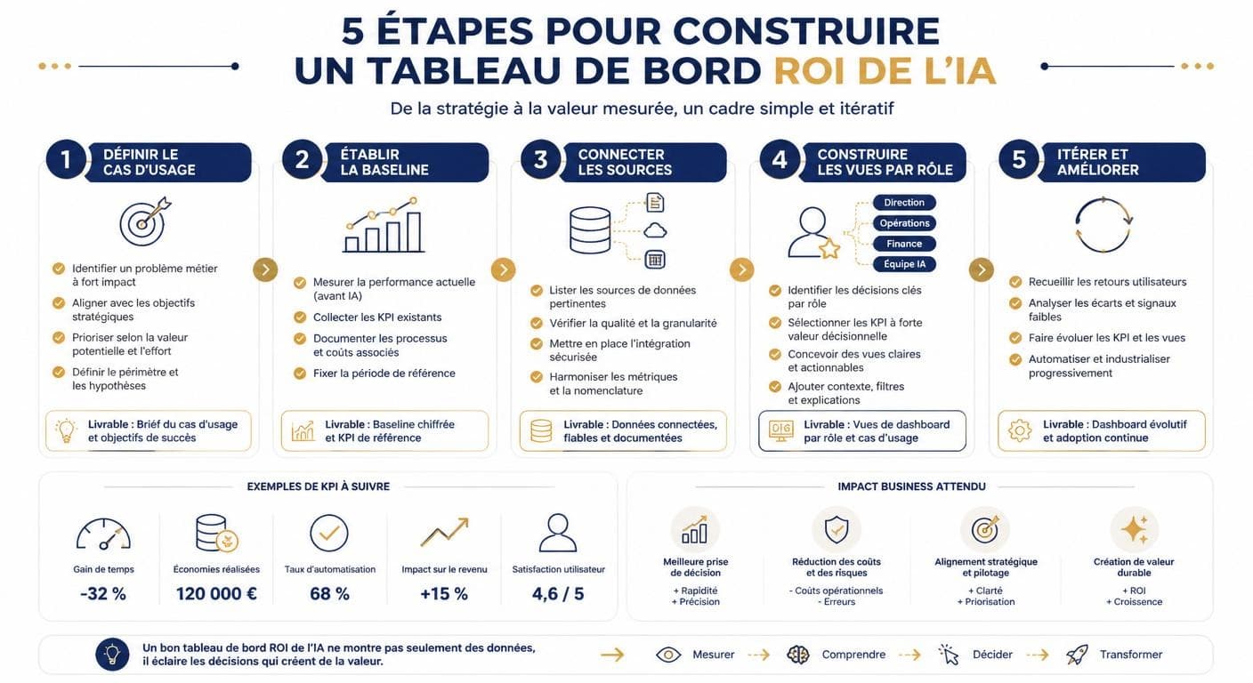 Infographie des cinq étapes pour construire un tableau de bord ROI de l'intelligence artificielle