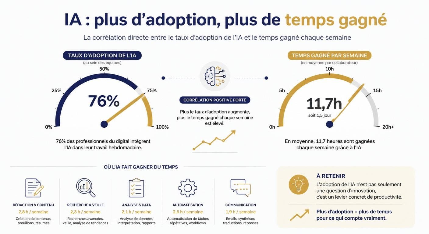 Infographie reliant le taux d'adoption de l'IA au temps gagné