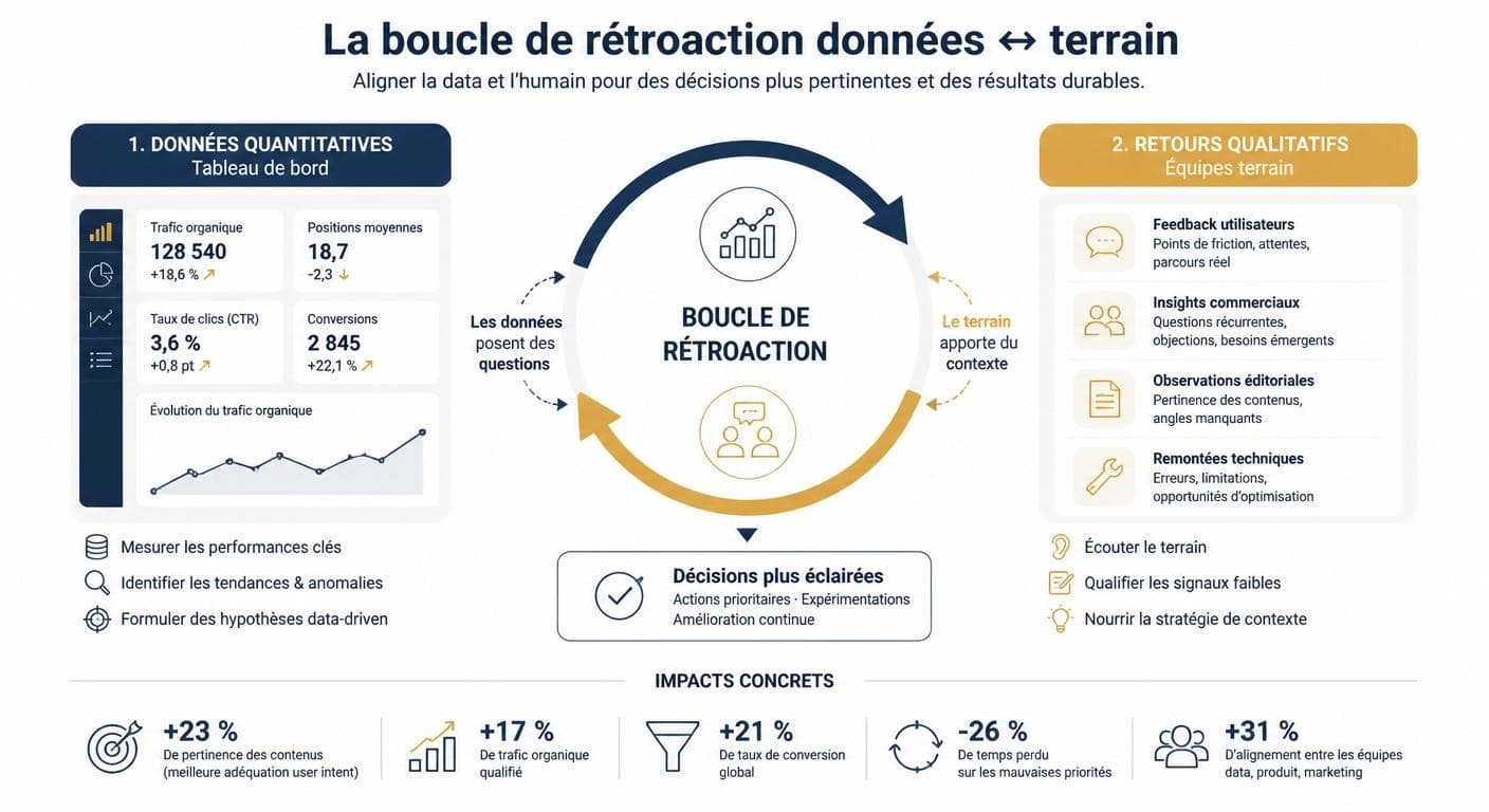 Infographie de la boucle de mesure combinant indicateurs quantitatifs et retours qualitatifs des équipes