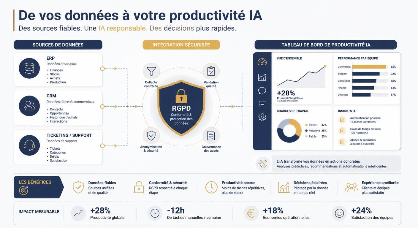 Infographie des sources de données alimentant un tableau de bord de productivité IA avec bouclier RGPD