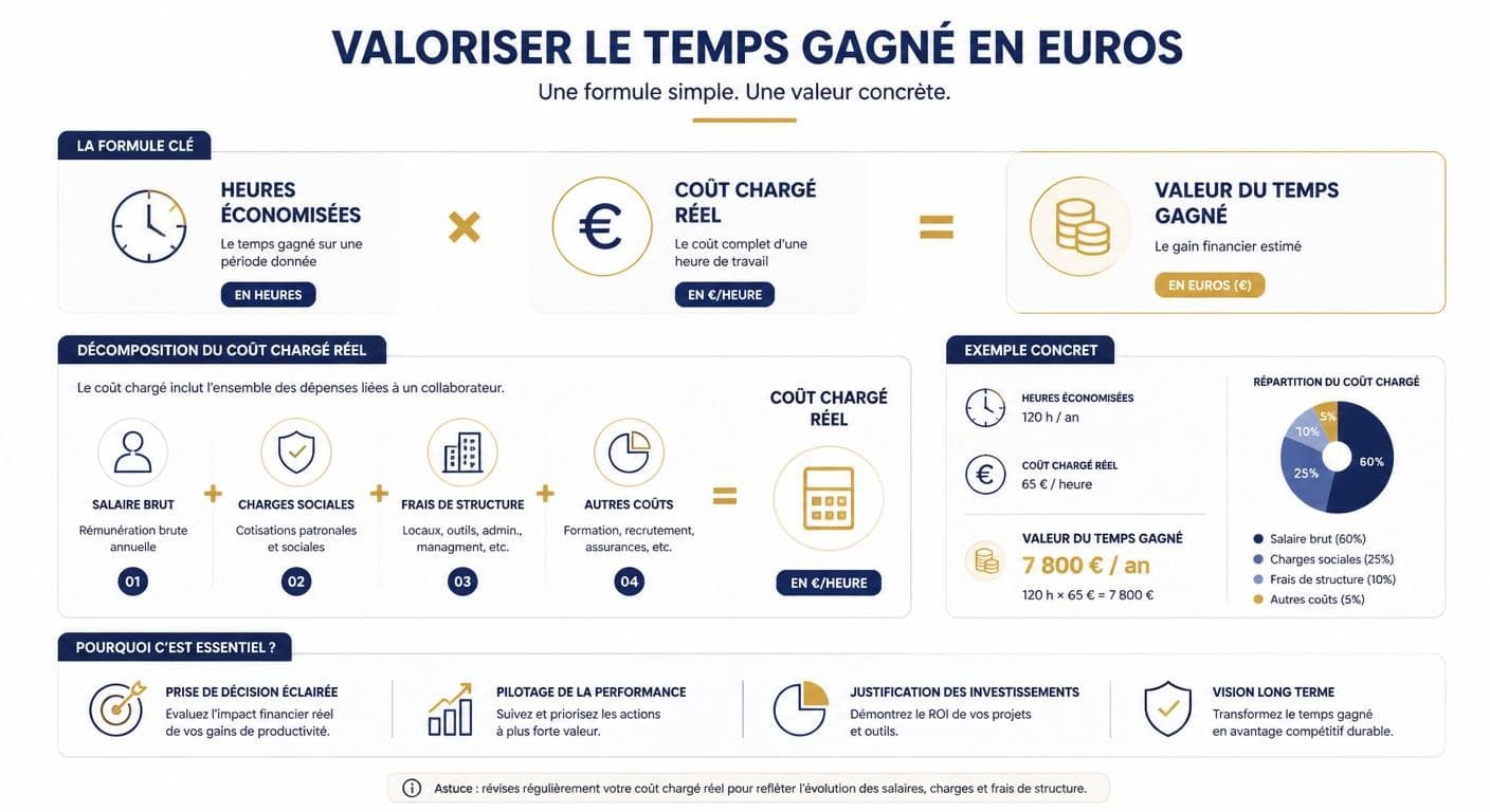 Infographie de la formule de valorisation du temps gagné en euros au coût chargé réel