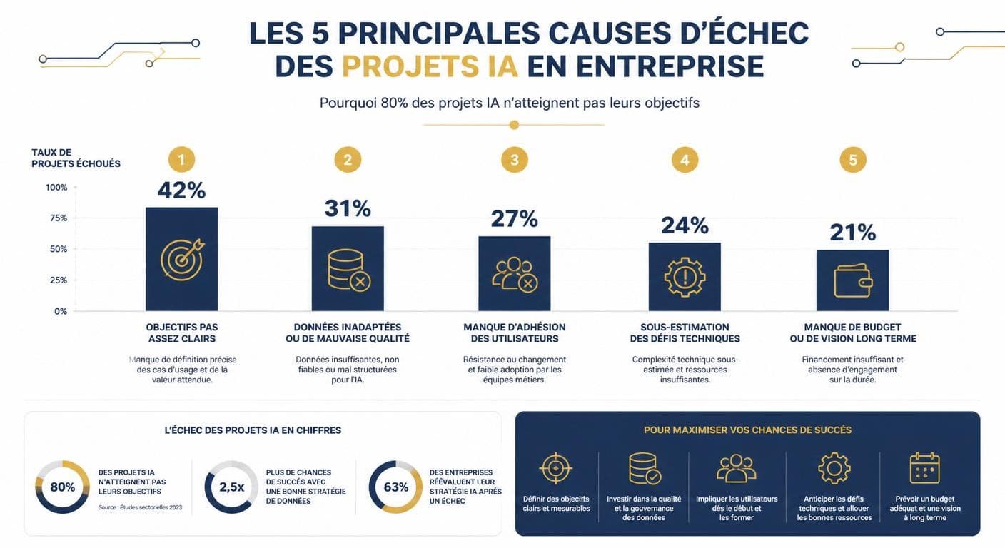 Infographie des cinq causes principales d'échec des projets IA en entreprise