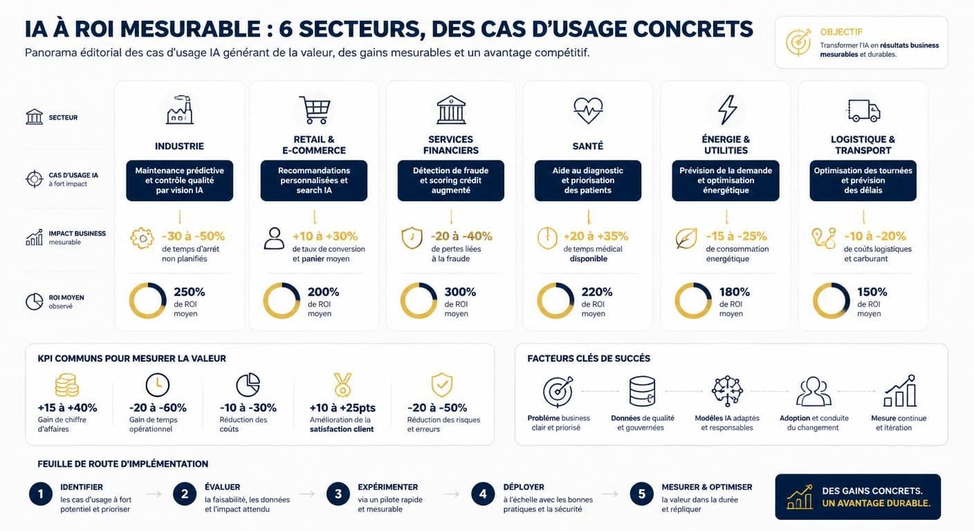 Infographie des cas d'usage IA à ROI mesurable par secteur d'activité