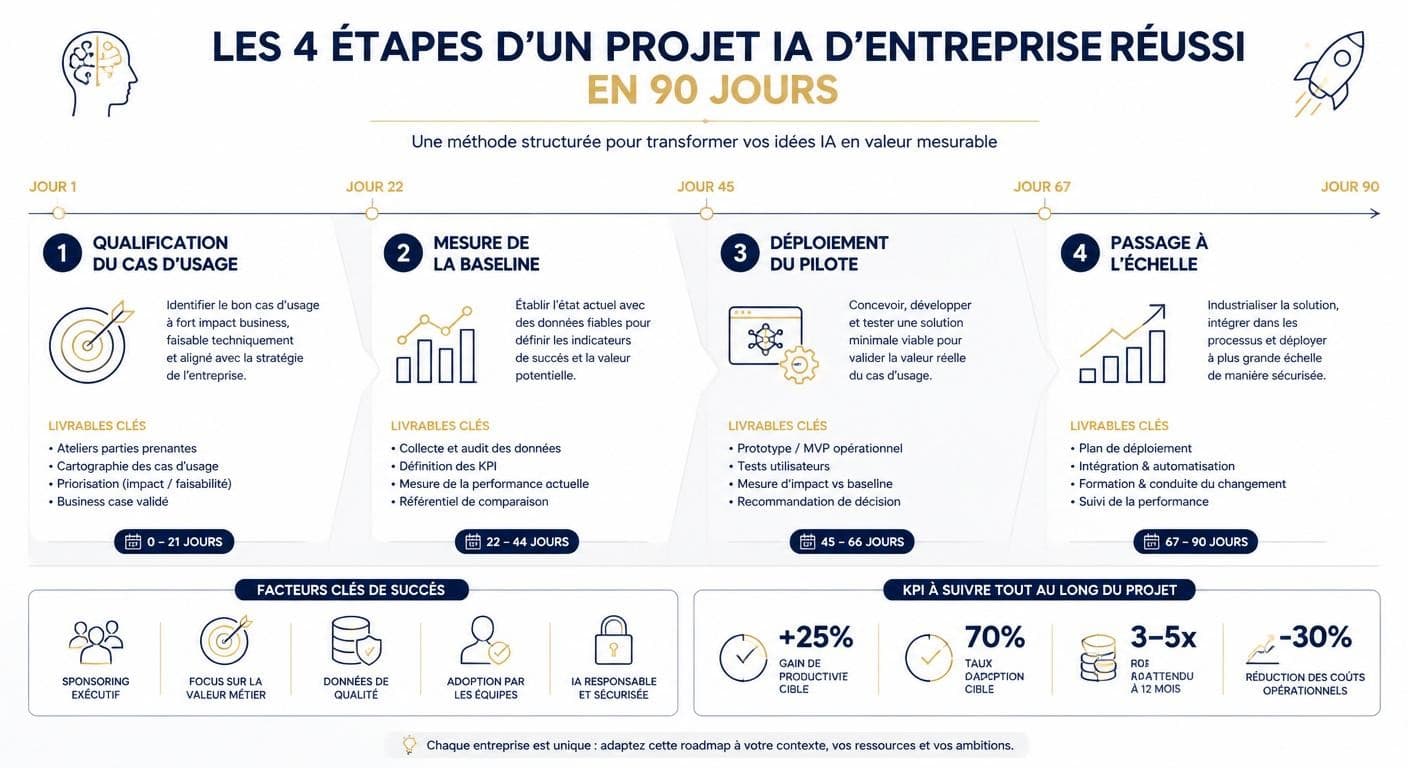 Infographie des quatre étapes d'un projet IA d'entreprise réussi en 90 jours