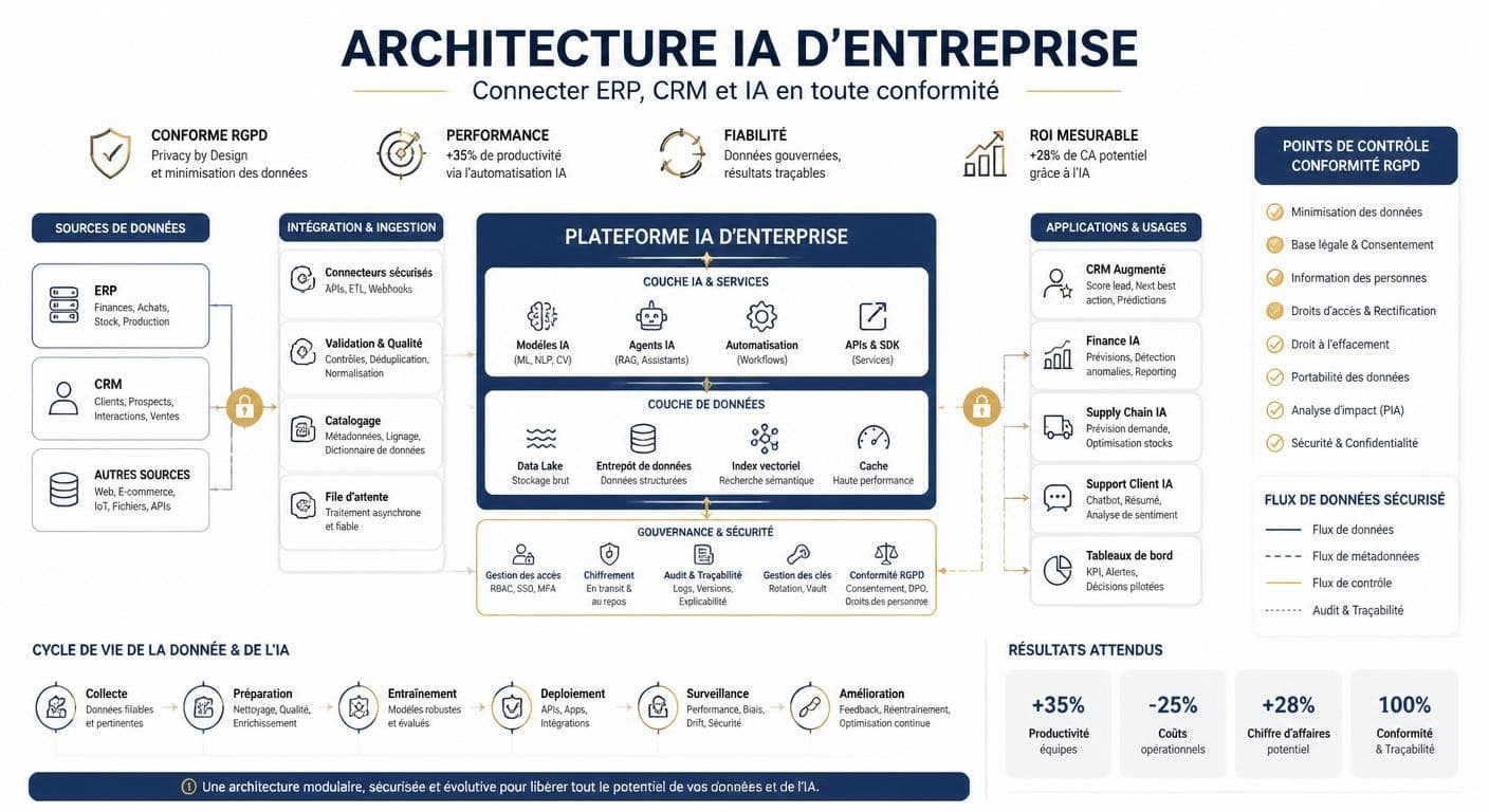 Infographie d'une architecture IA d'entreprise intégrée au SI et conforme au RGPD