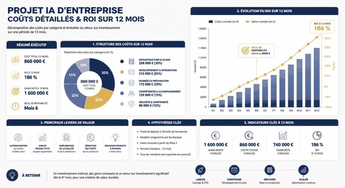 Infographie de la structure de coûts et de la courbe de ROI d'un projet de transformation digitale par l'IA